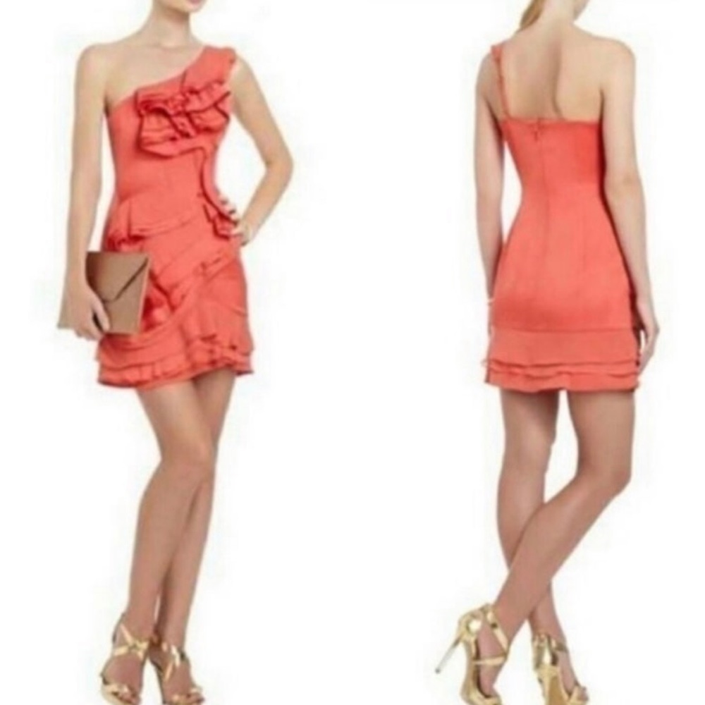 BCBG Max Azria Jonesy One Shoulder Ruffled Mini Dress In
Coral Size 0
